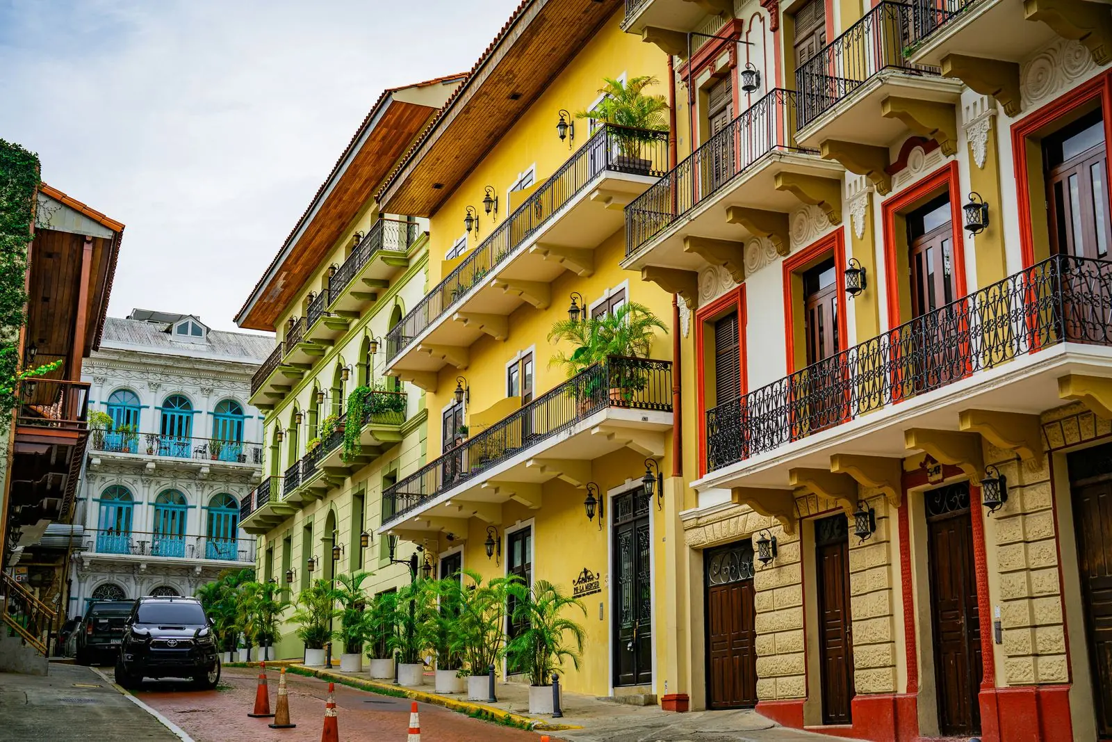 Colorful colonial facades in Casco Viejo at street level